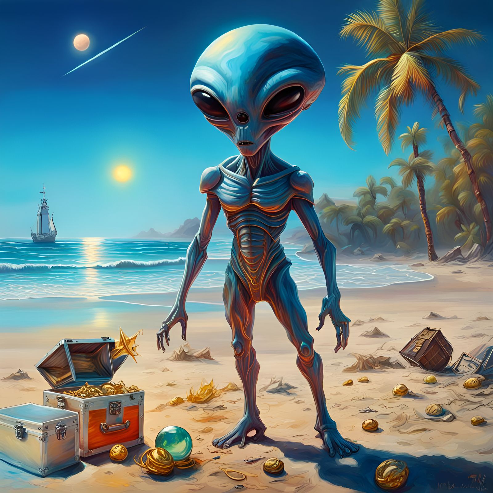 Neon Alien King on Beach, Detailed Digital Art