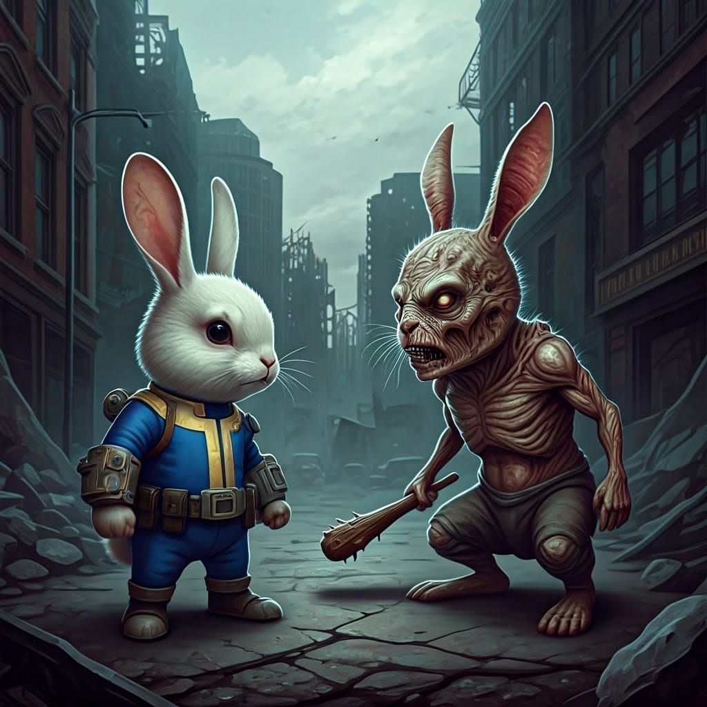 Vault Dweller Rabbit Confronts Ghoul in Ruins