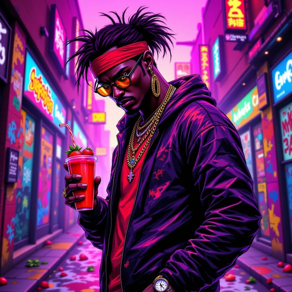 Gangster Rapper with Smoothie in Neon Urban Art Style