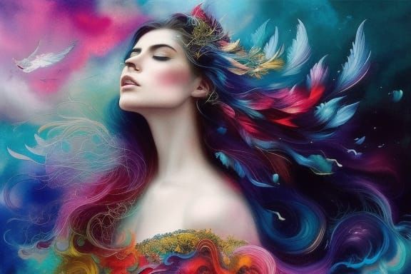 Watercolor Dreamscape: Woman Against Stormy Weather