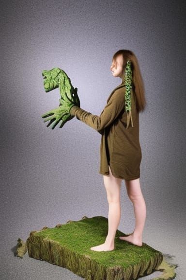 Smiling Figure in Flower Garden with Forest View