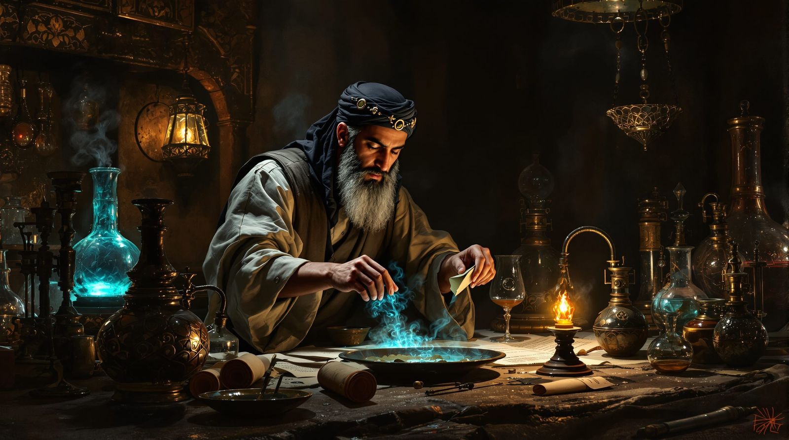 Alchemist Jabir ibn Hayyan Perfecting Distillation in Oil Pa...