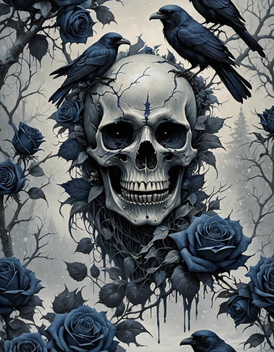 Gothic Dark Blue Roses, Skull, and Raven