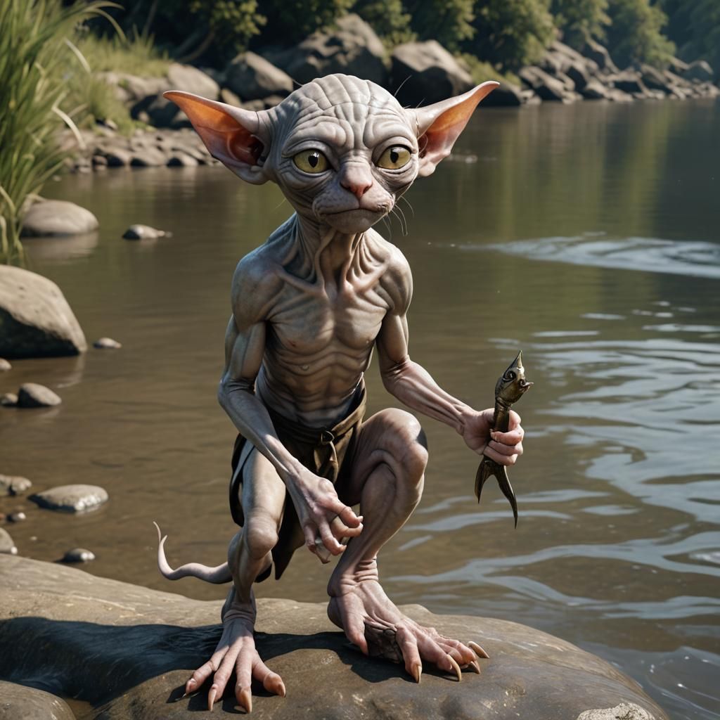 Gollum as Sphynx Cat Holding Fish: Octane Render