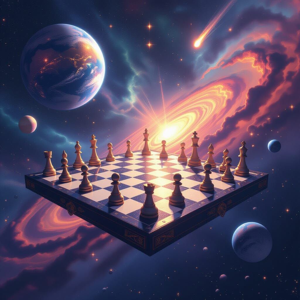 Cosmic Chessboard in Space with Celestial Pieces