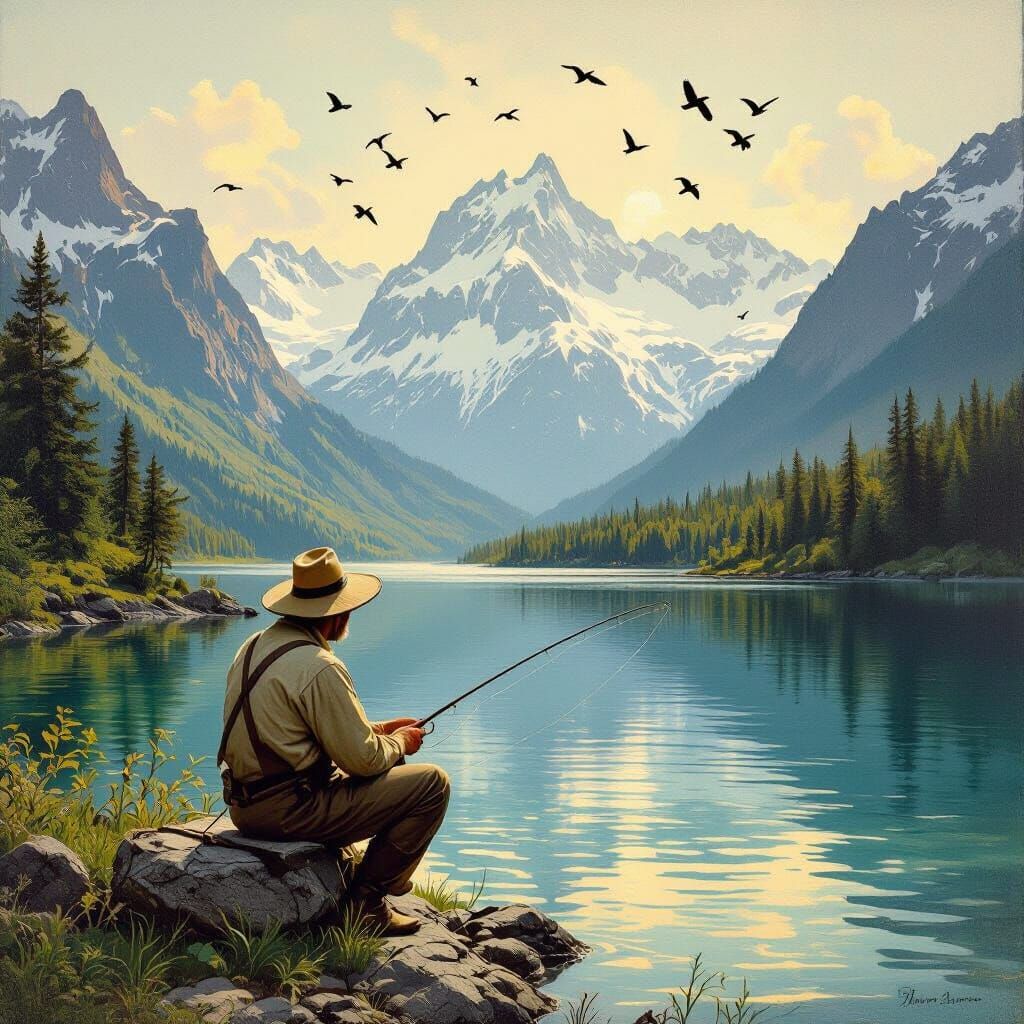Fisherman at Mountain Lake in Naturalist Style
