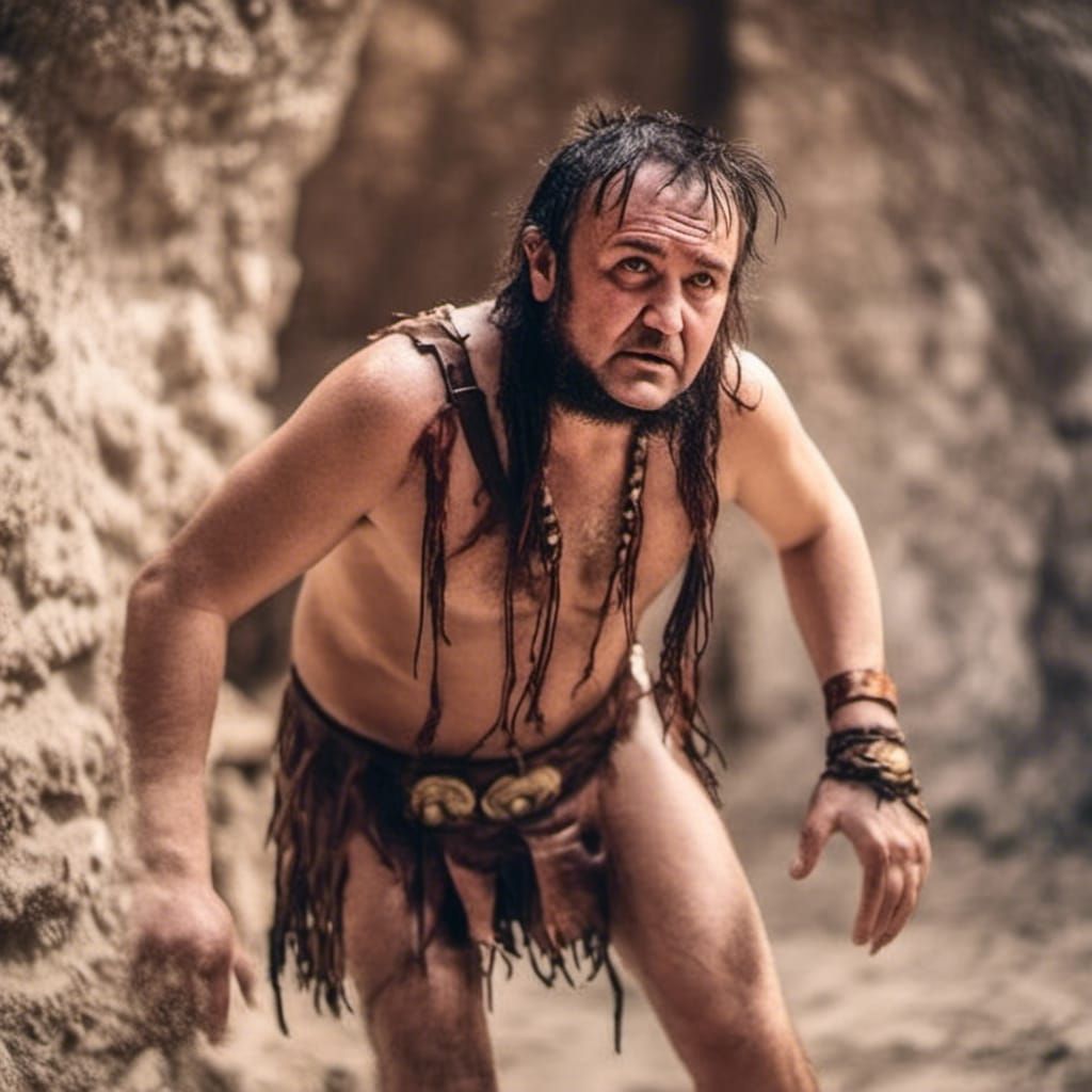 Terrified Caveman on the Run from Roman Soldiers