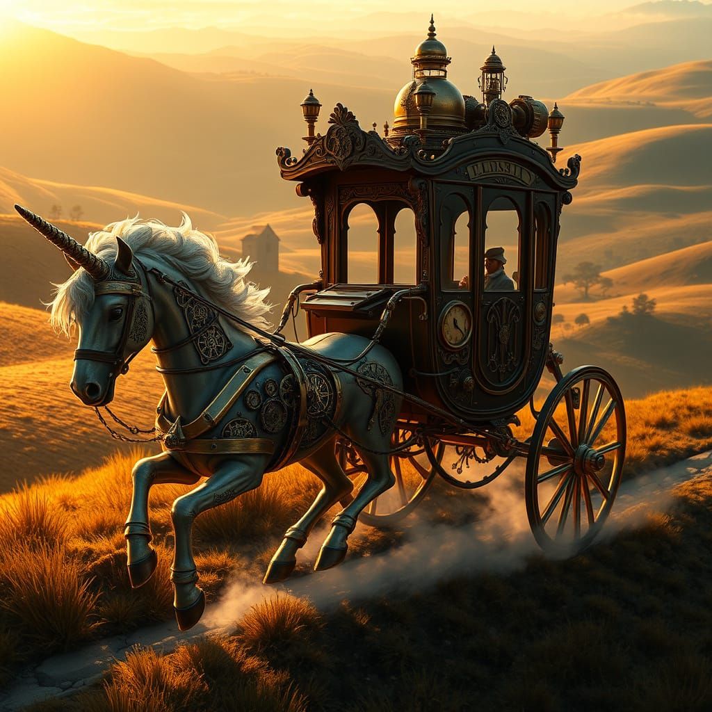 Steampunk Clockwork Unicorn Pulling Stagecoach