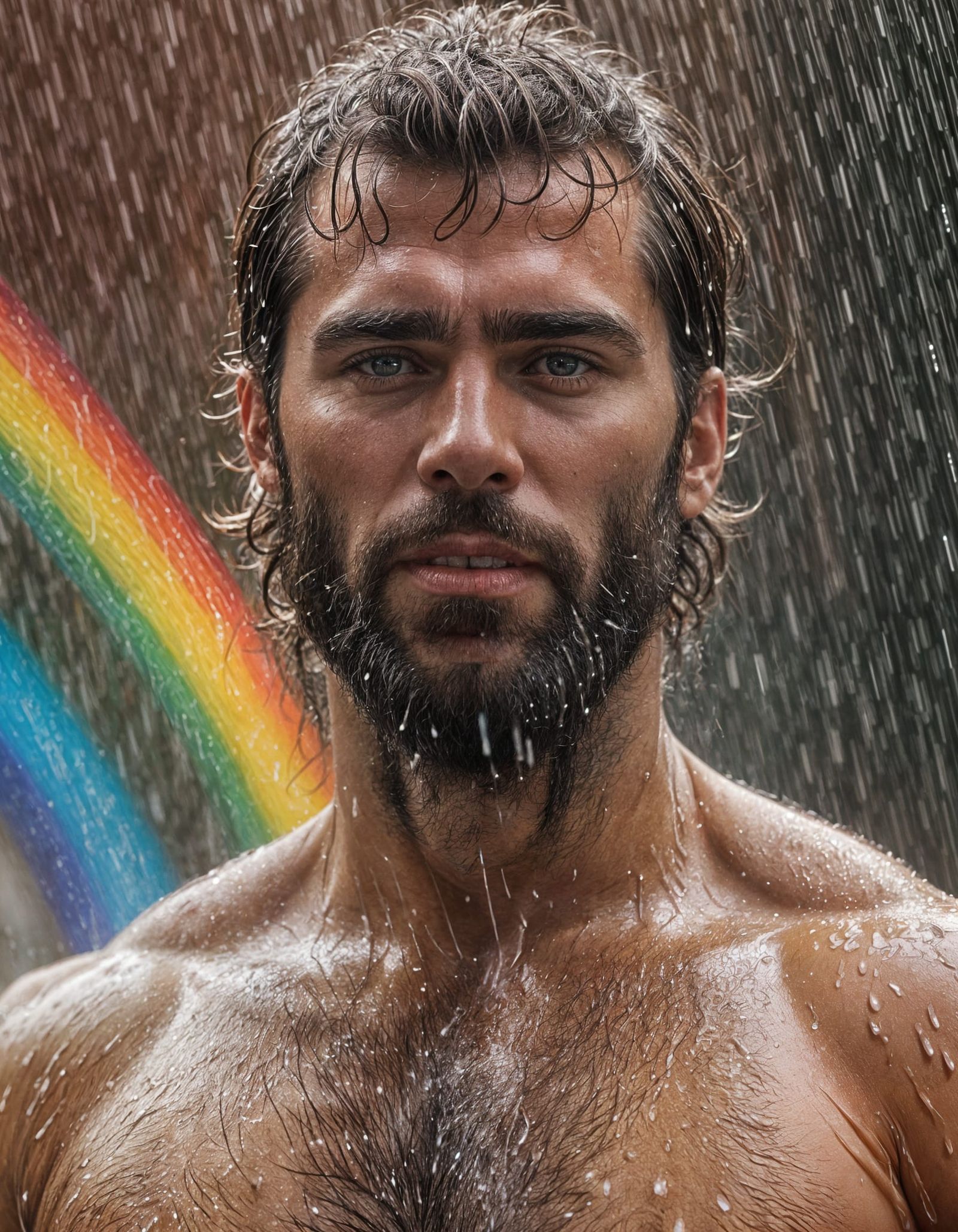 Attractive Hunk Under a Rainbow Shower