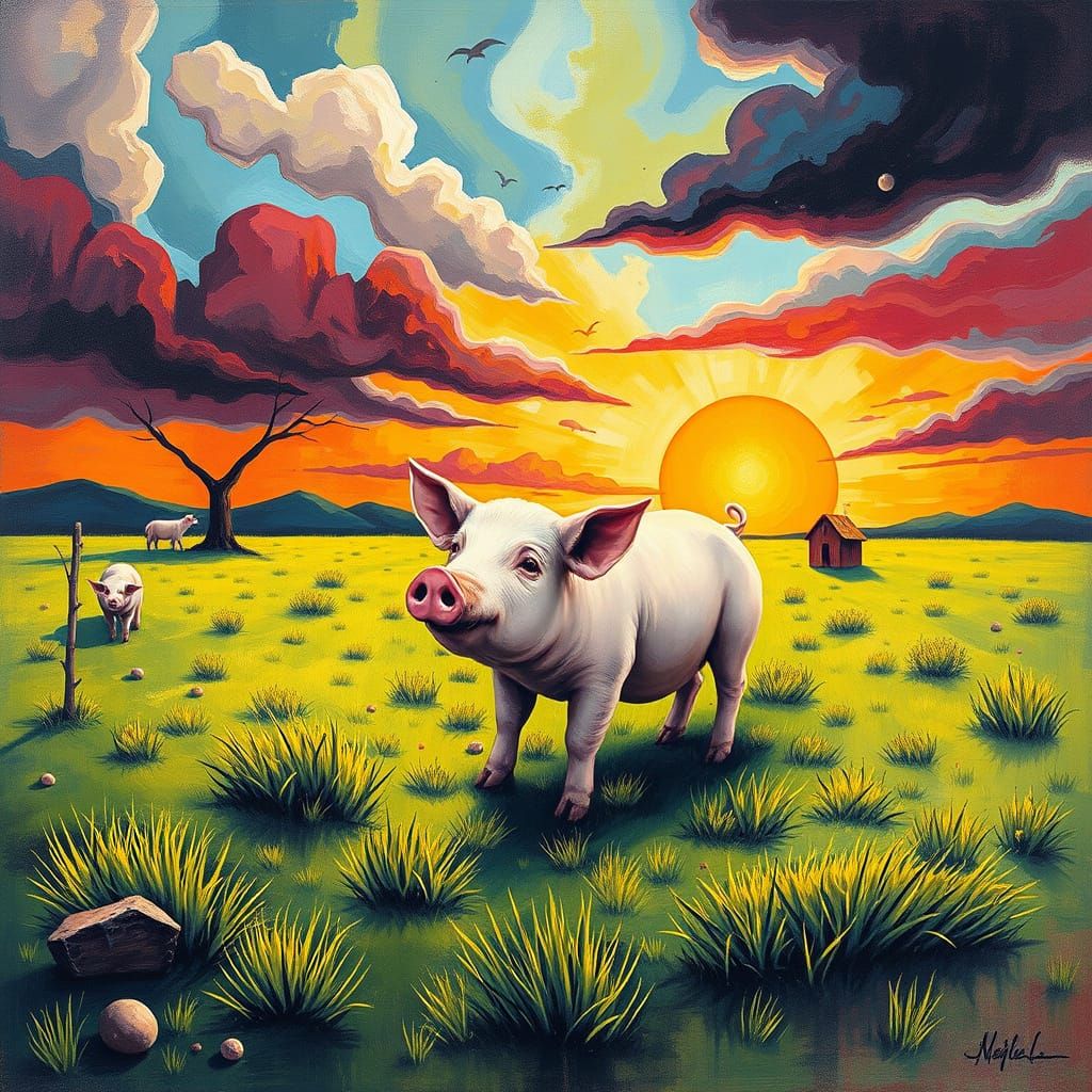 Surreal Pig Farm: Abstract Vivid Landscape