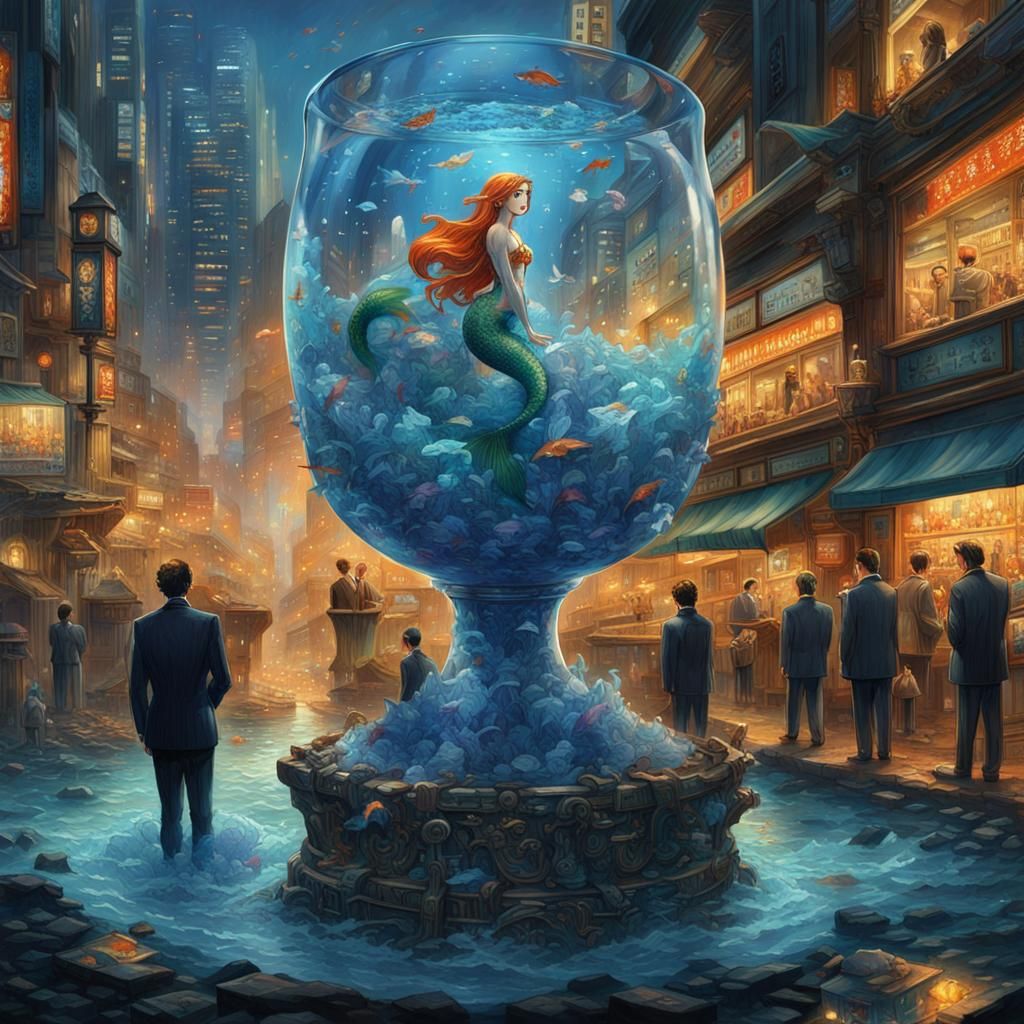 Mermaid in Crystal Goblet, Tokyo Street Scene
