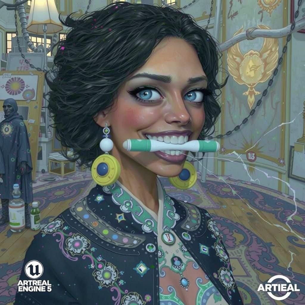 Whimsical Artist Struggles with Paintbrush in Dimly Lit Stud...