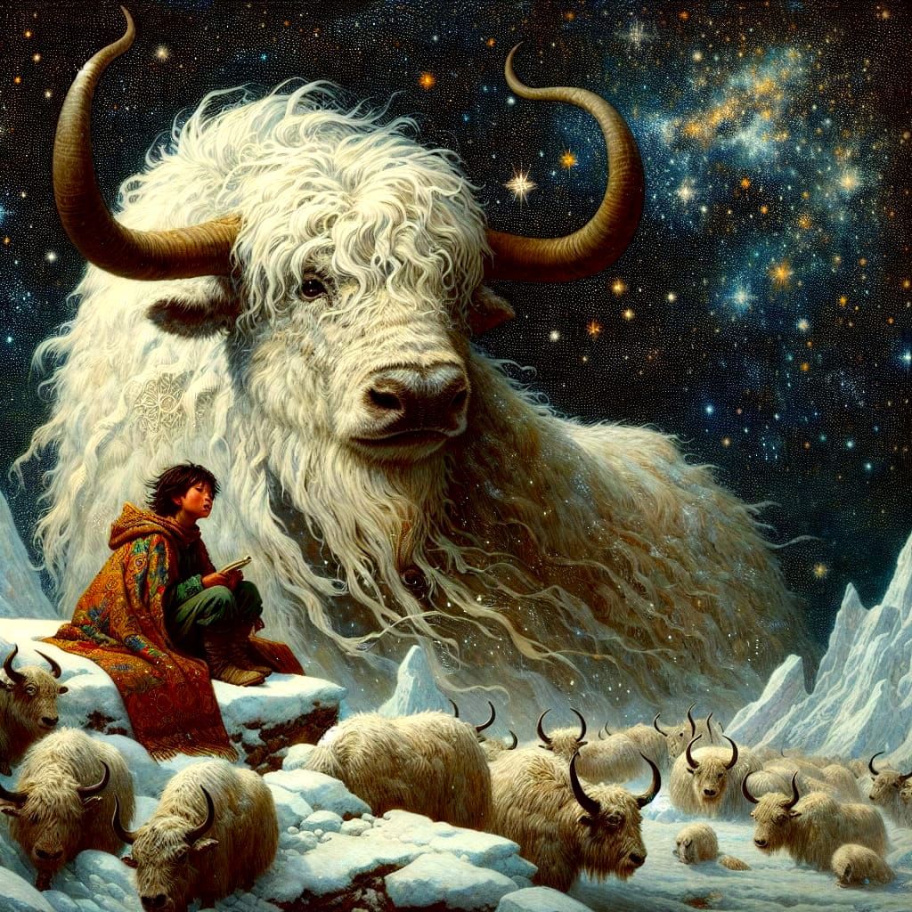 Majestic Yak Protects Boy in Starry Landscape