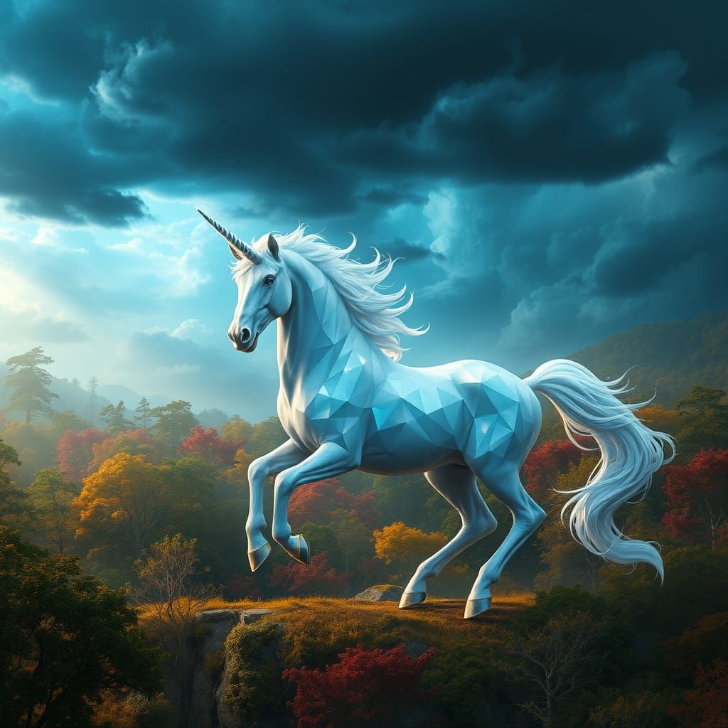 Ethereal White Unicorn in Dreamlike Forest Landscape