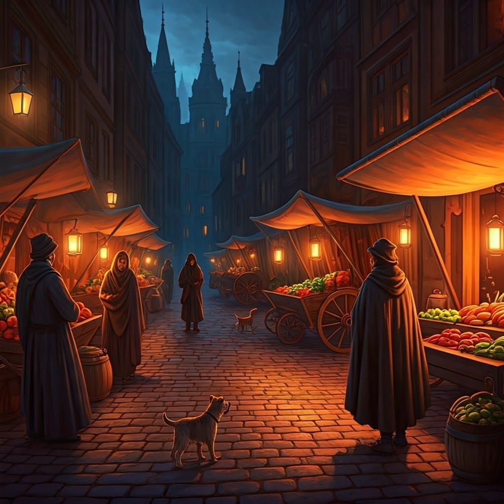 A Bustling Market Scene Under Twilight