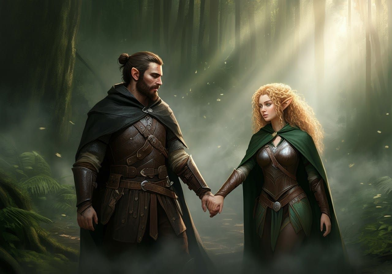 Ranger and Elf Maiden in Mystical Forest