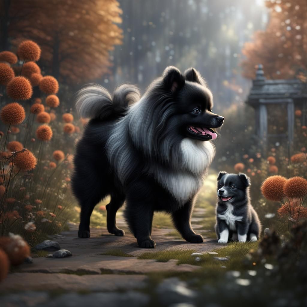 Black Pomeranian and Border Collie Puppy Art