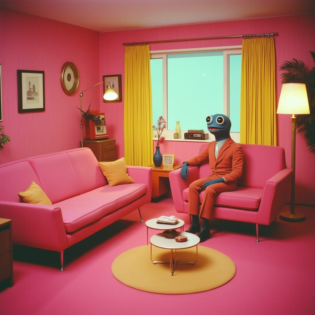 Surreal 70s Sitcom Scene in Retro Living Room