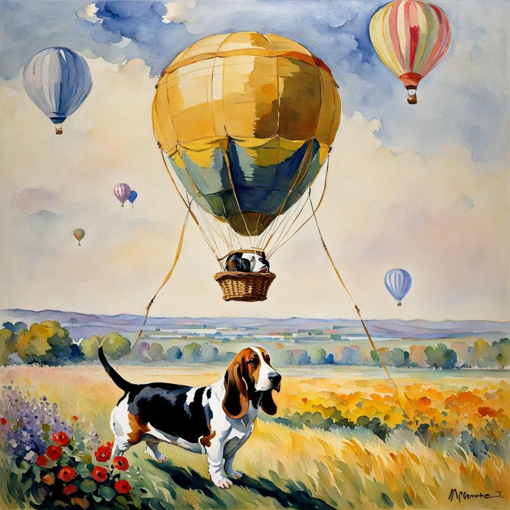 Basset Hound Soaring in Impressionistic Hot Air Balloon