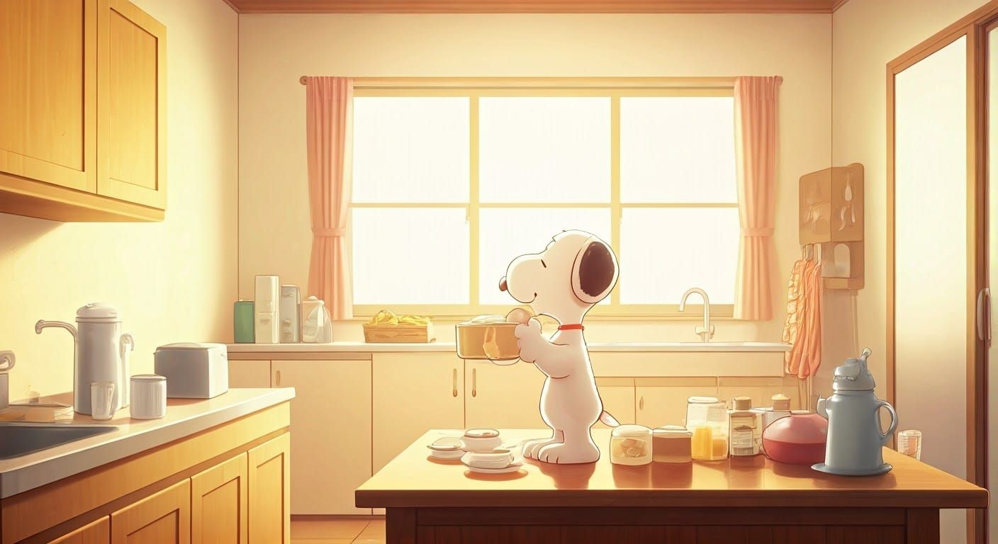 Snoopy Cooking Breakfast in a Vibrant Anime Style