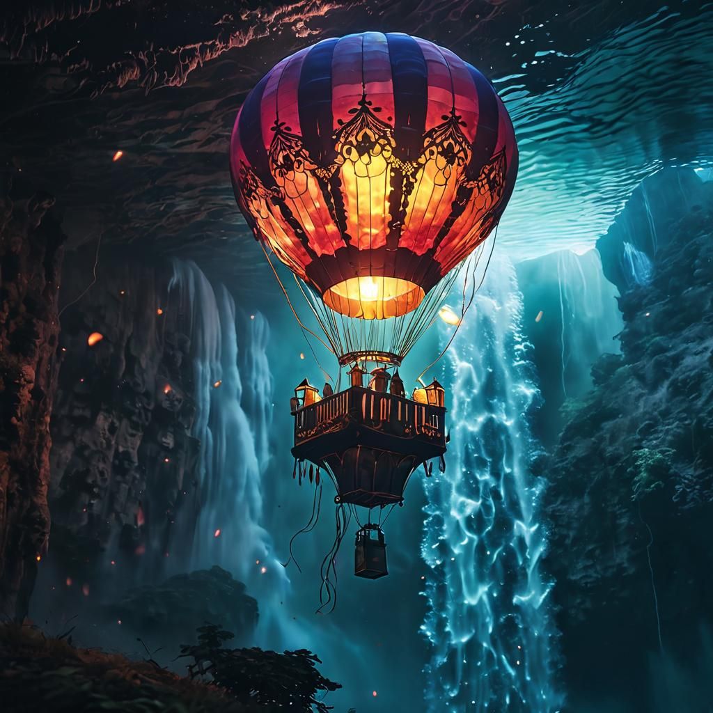 Underwater Hot Air Balloon Near Rainbow Waterfall