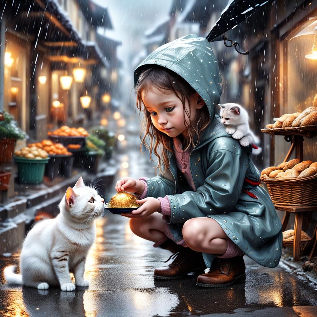 Girl Helps Cat on a Rainy Day