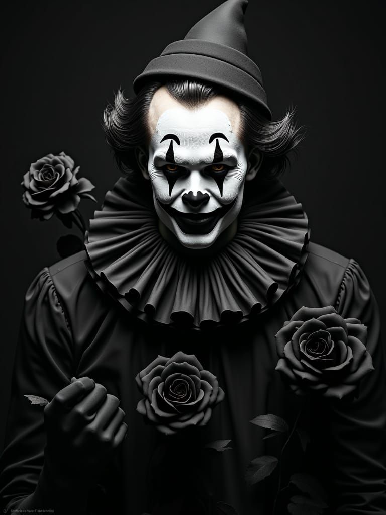 Monochromatic Clown with Black Roses in Dramatic Lighting