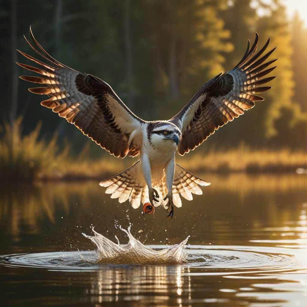 Hyper-Realistic Osprey in Flight Over Serene Lake