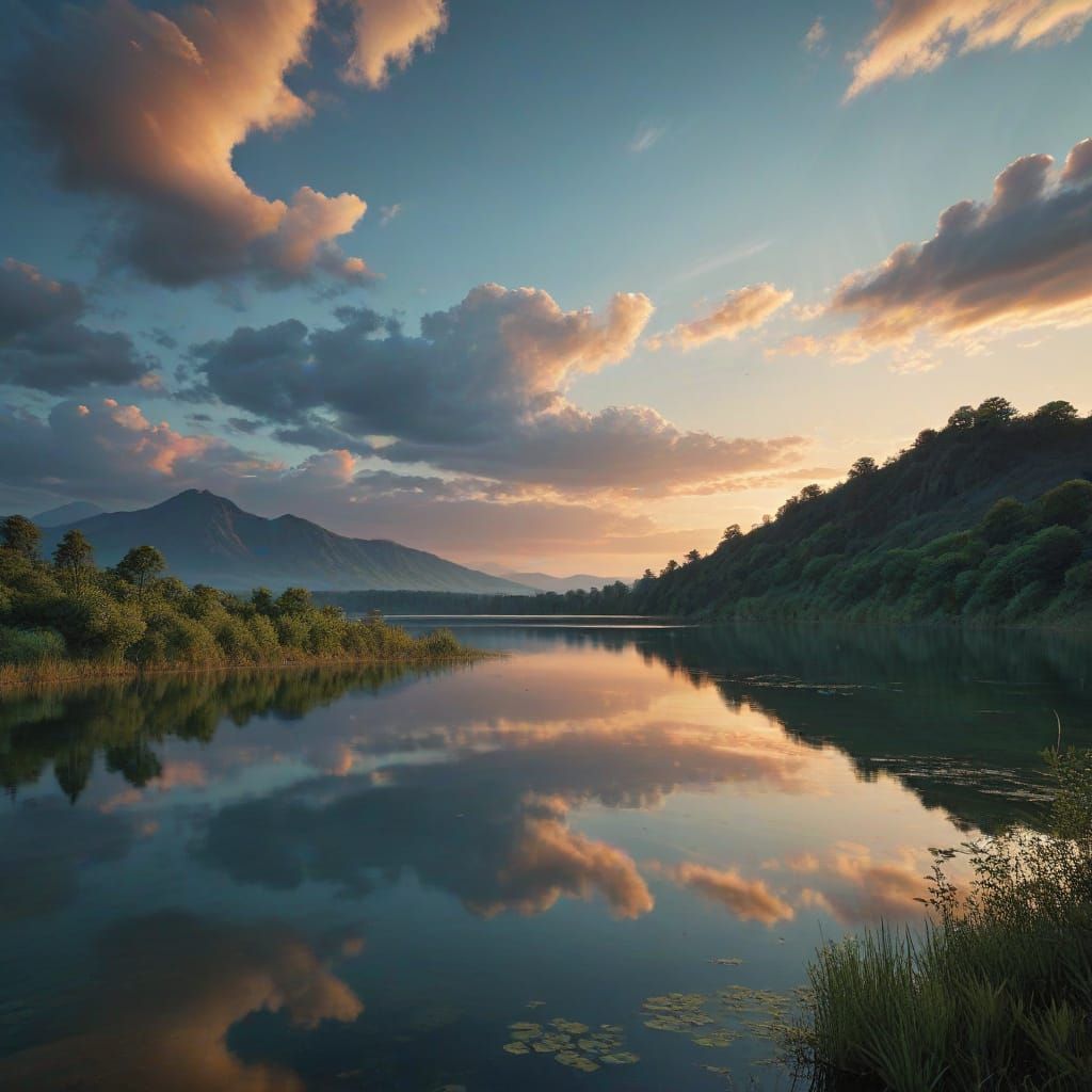 Tranquil Lake Landscape in Celestial Hues with Vibrant Veget...