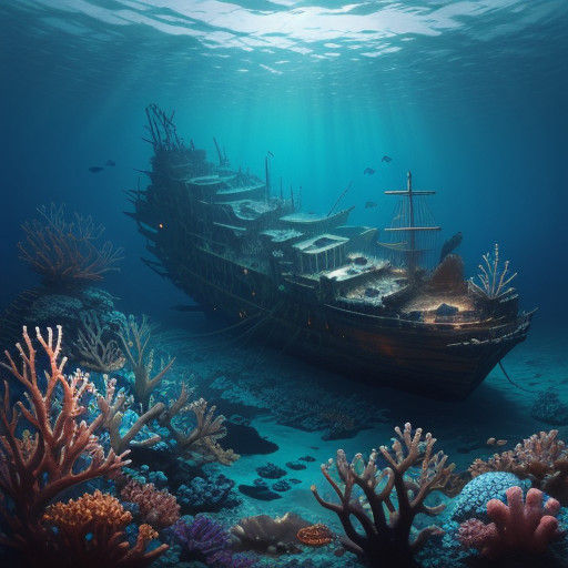 Cinematic Underwater Scene: Sunken Ship in Vibrant Coral Ree...