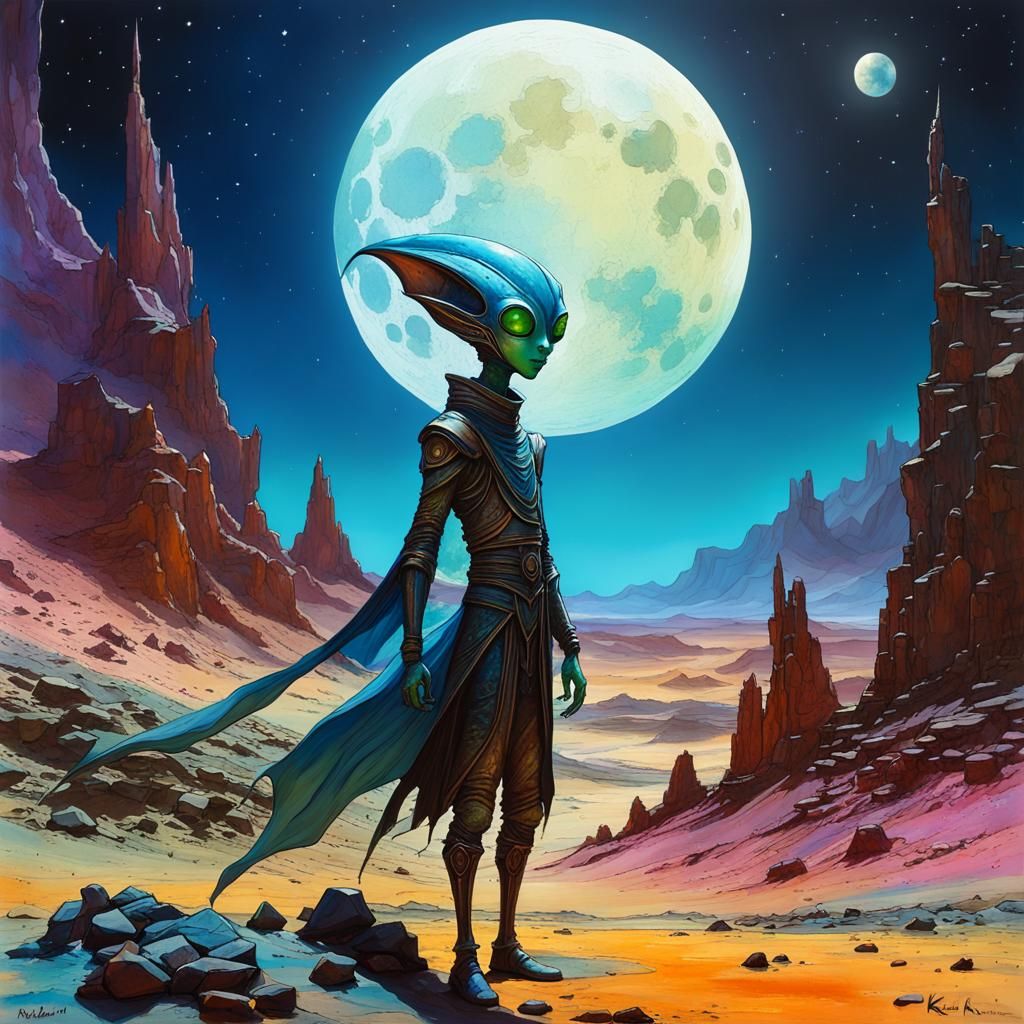 Alien on Moonscape in Cel-Shaded Style