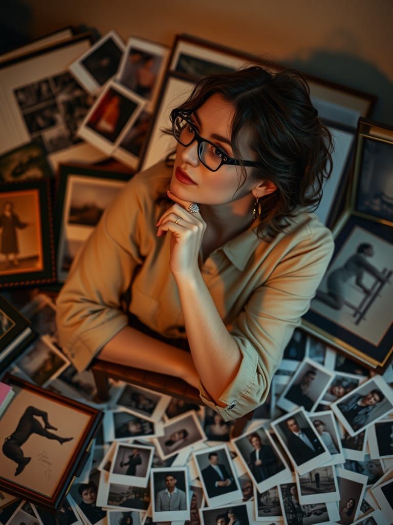 Nostalgic Woman Surrounded by Old Photos, Cinematic Style