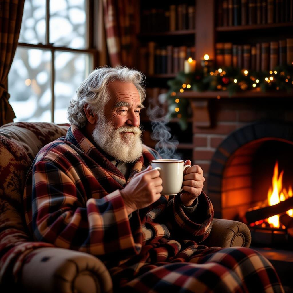 Cozy Elderly Man Sips Cocoa by Fireplace