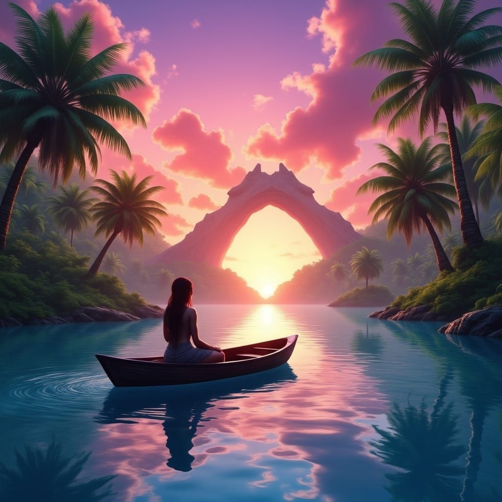 Tropical Scene with Boat in Digital Illustration