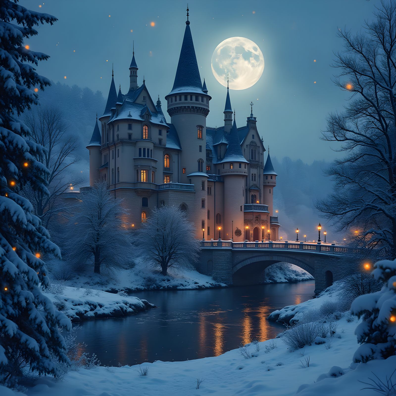 Elegant Renaissance Castle Under Snowy Night Sky