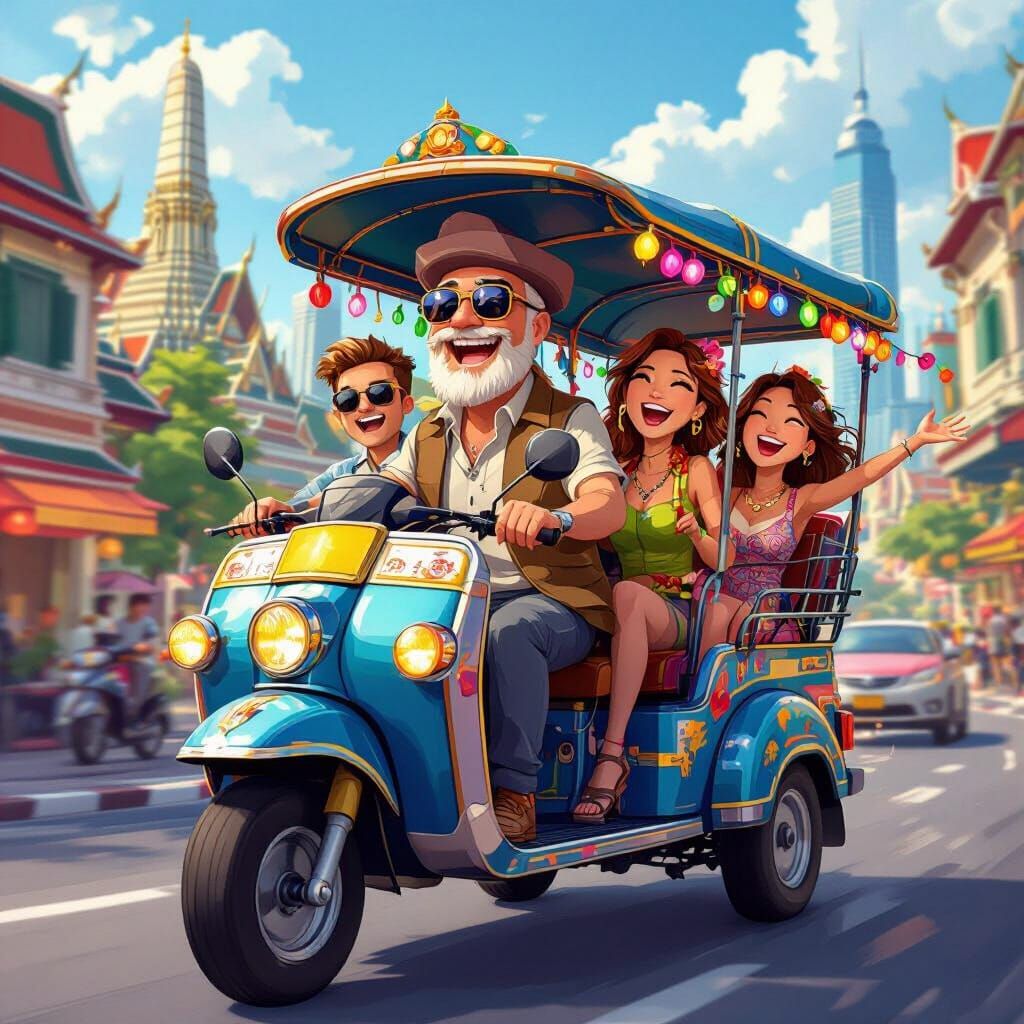Cartoon Friends Ride Bangkok Tuk-Tuk in Anime Style