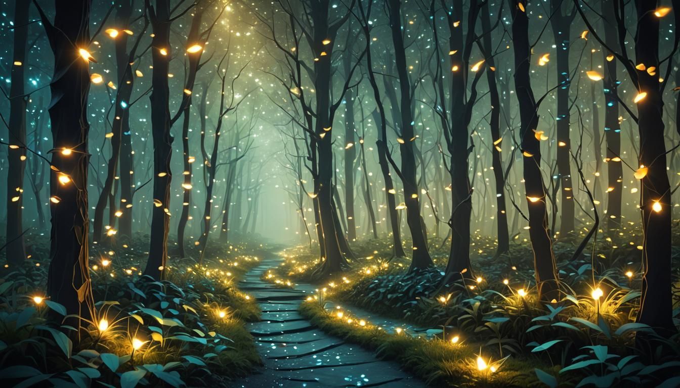 Enchanted Forest Path with Bioluminescent Fireflies