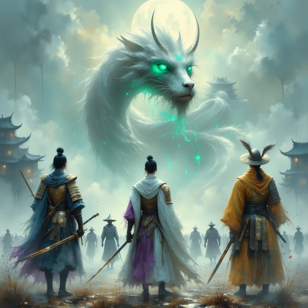 Three Samurai Face Dragon and Horde in Surreal Japanese Fant...