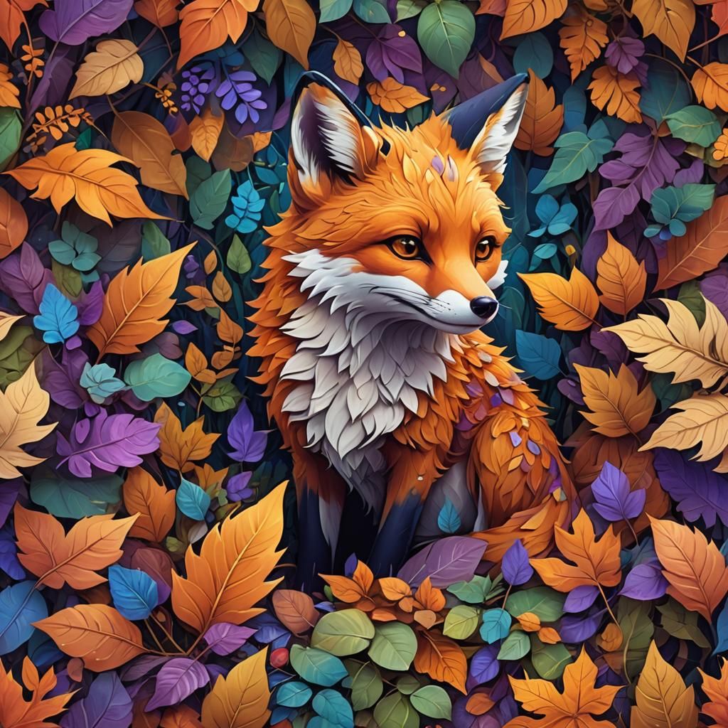 Cartoon Fox Buried in Leaves: Digital Matte Painting