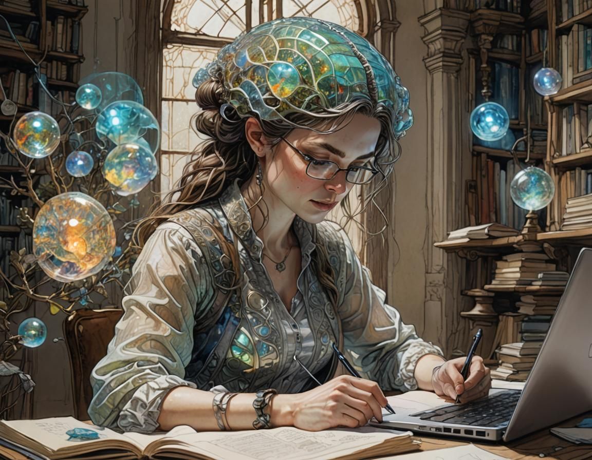 Woman Studying with Iridescent Highlights, Pen and Watercolo...