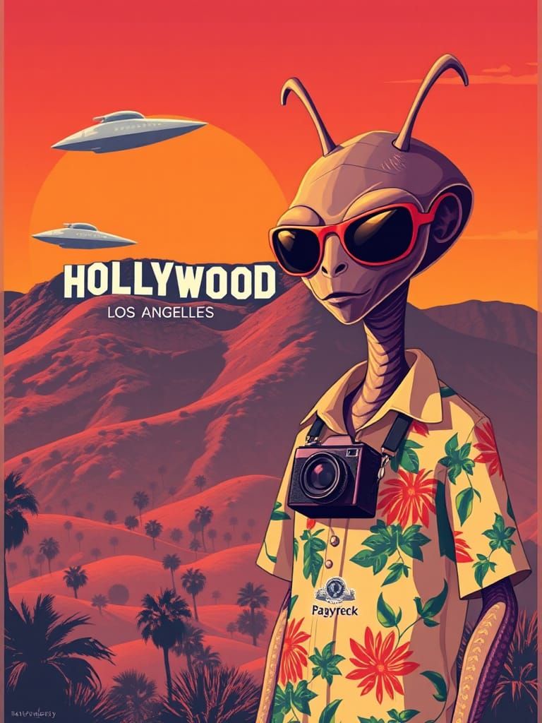 Alien Tourist Visits Hollywood in Retro-Futuristic Art