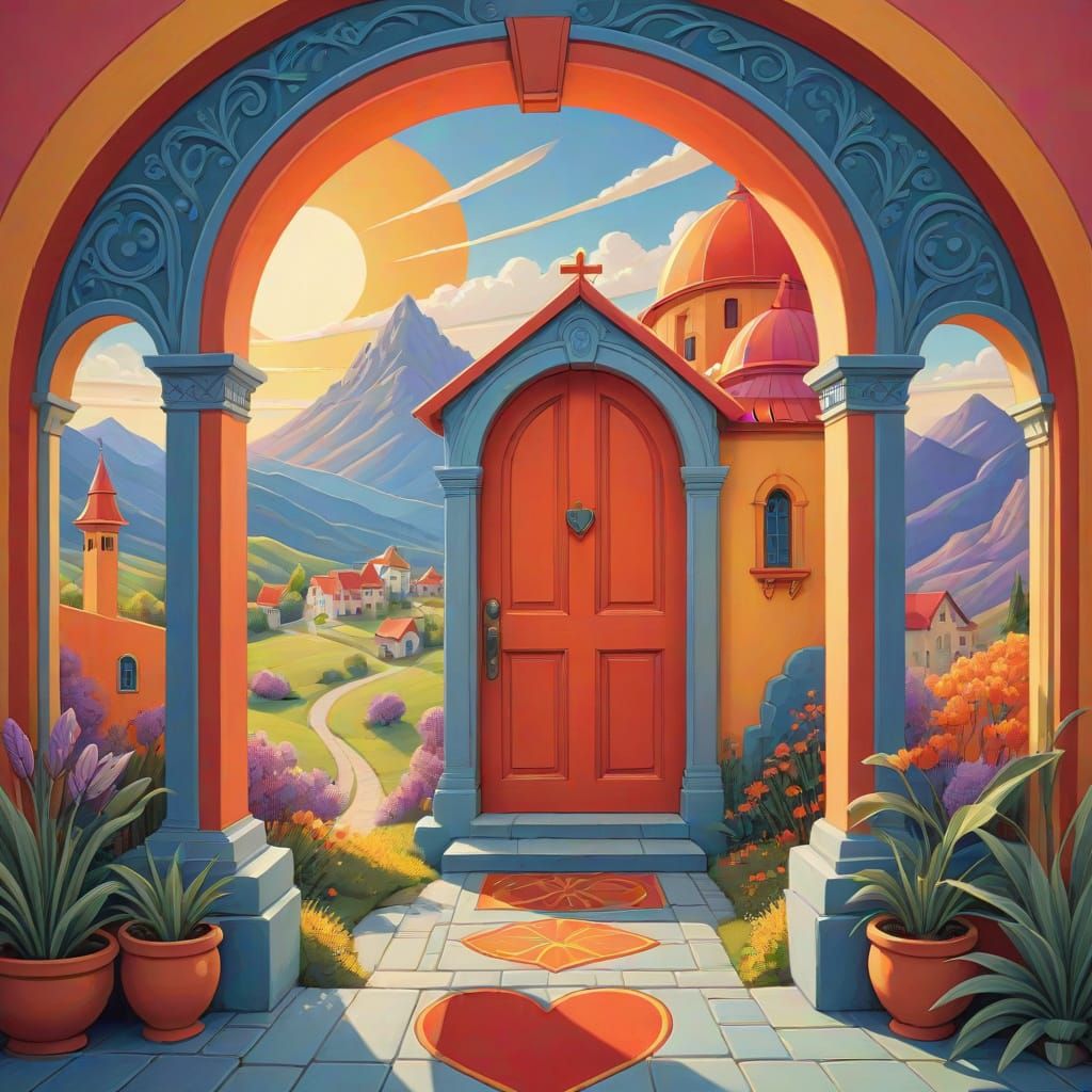 Arched Doorway to Dreamlike Mountain Landscape