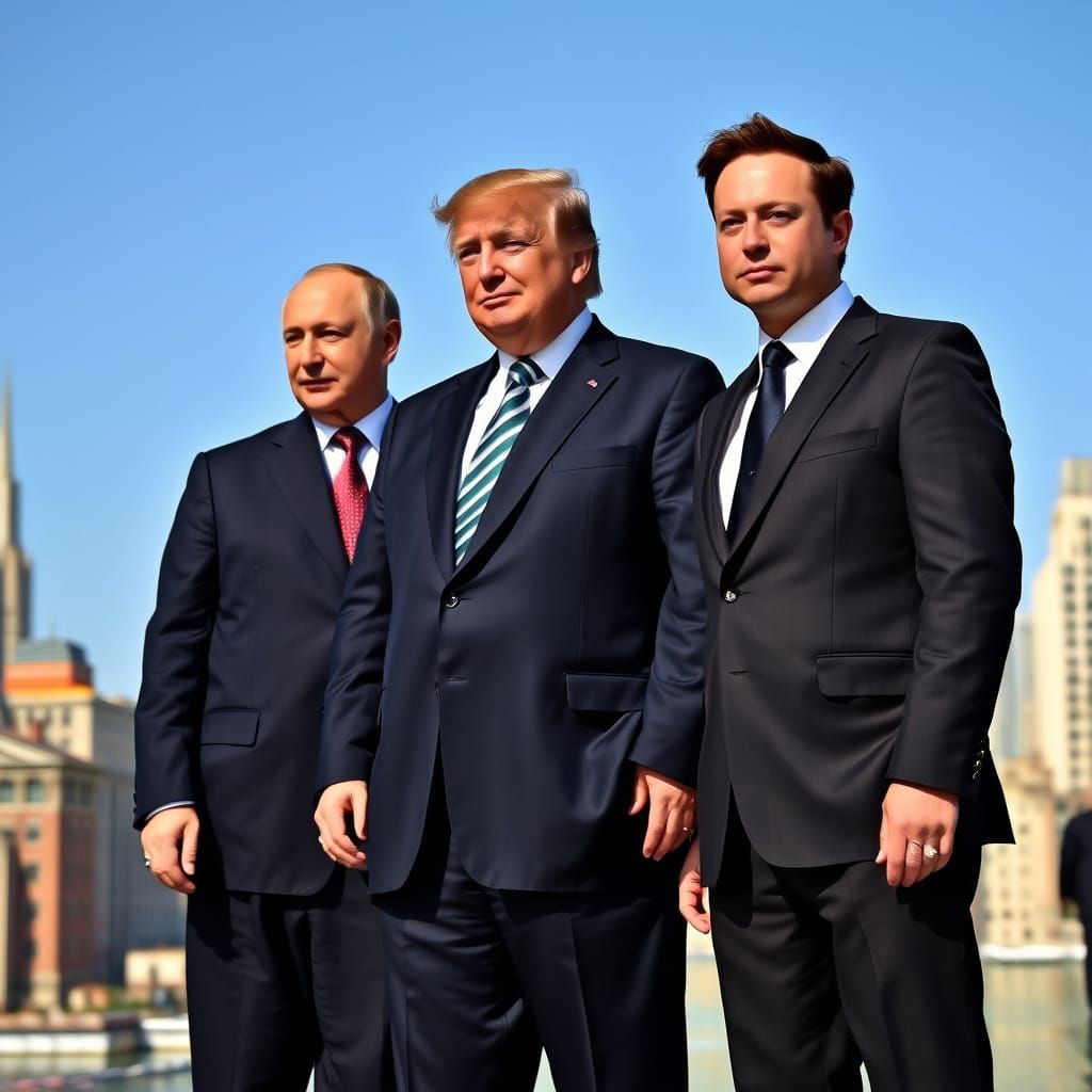 Realistic Portraits of Putin, Trump, and Musk in Cityscape