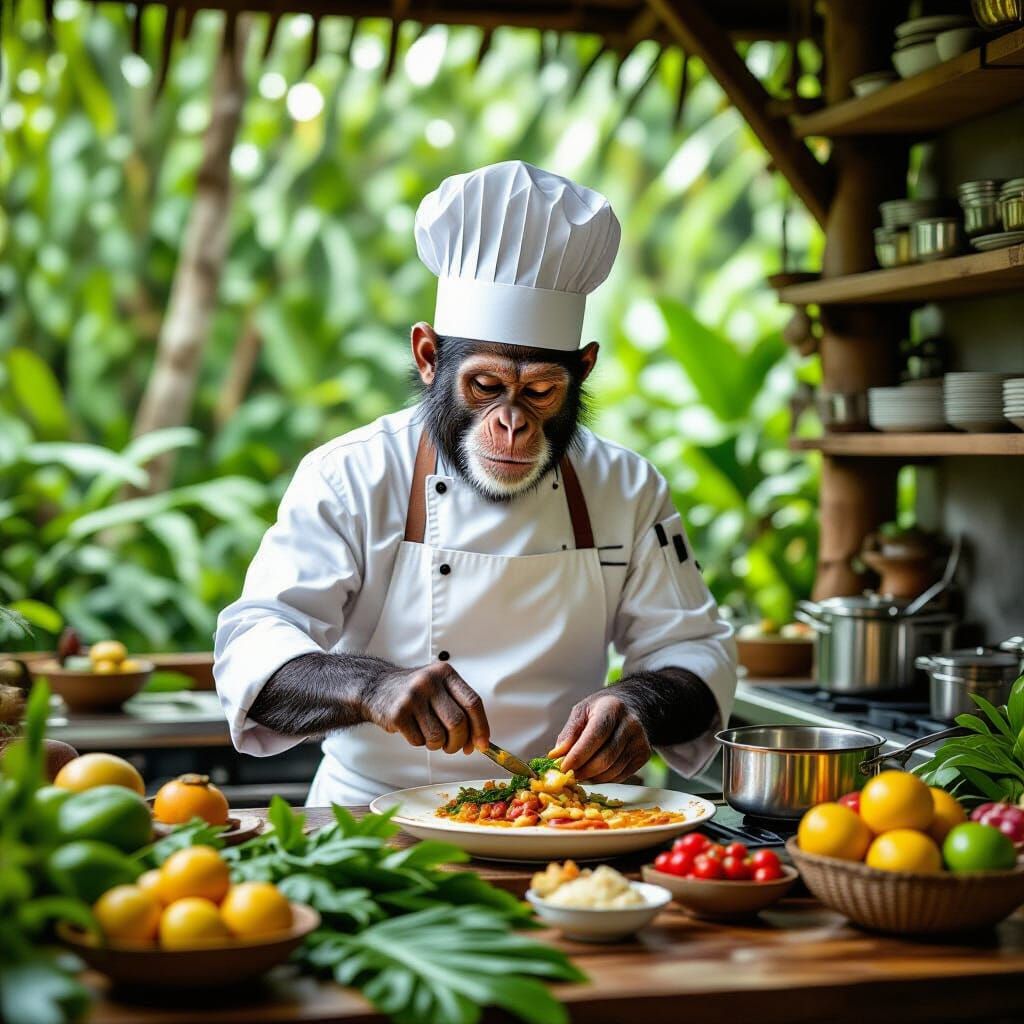 Monkey Chef Prepares Gourmet Meal in Jungle Kitchen