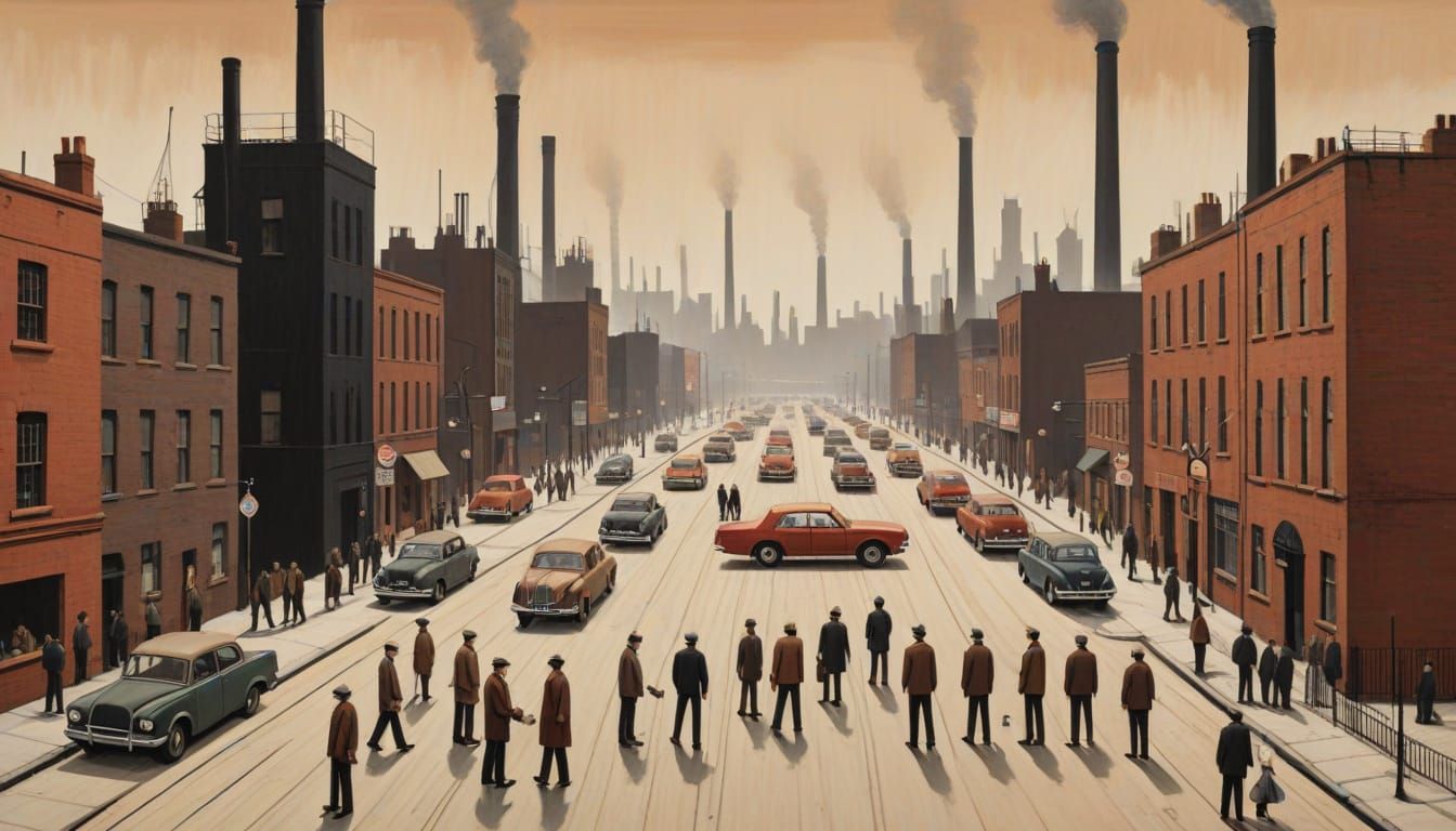 1970s Detroit Industrial Scene with Matchstick Figures