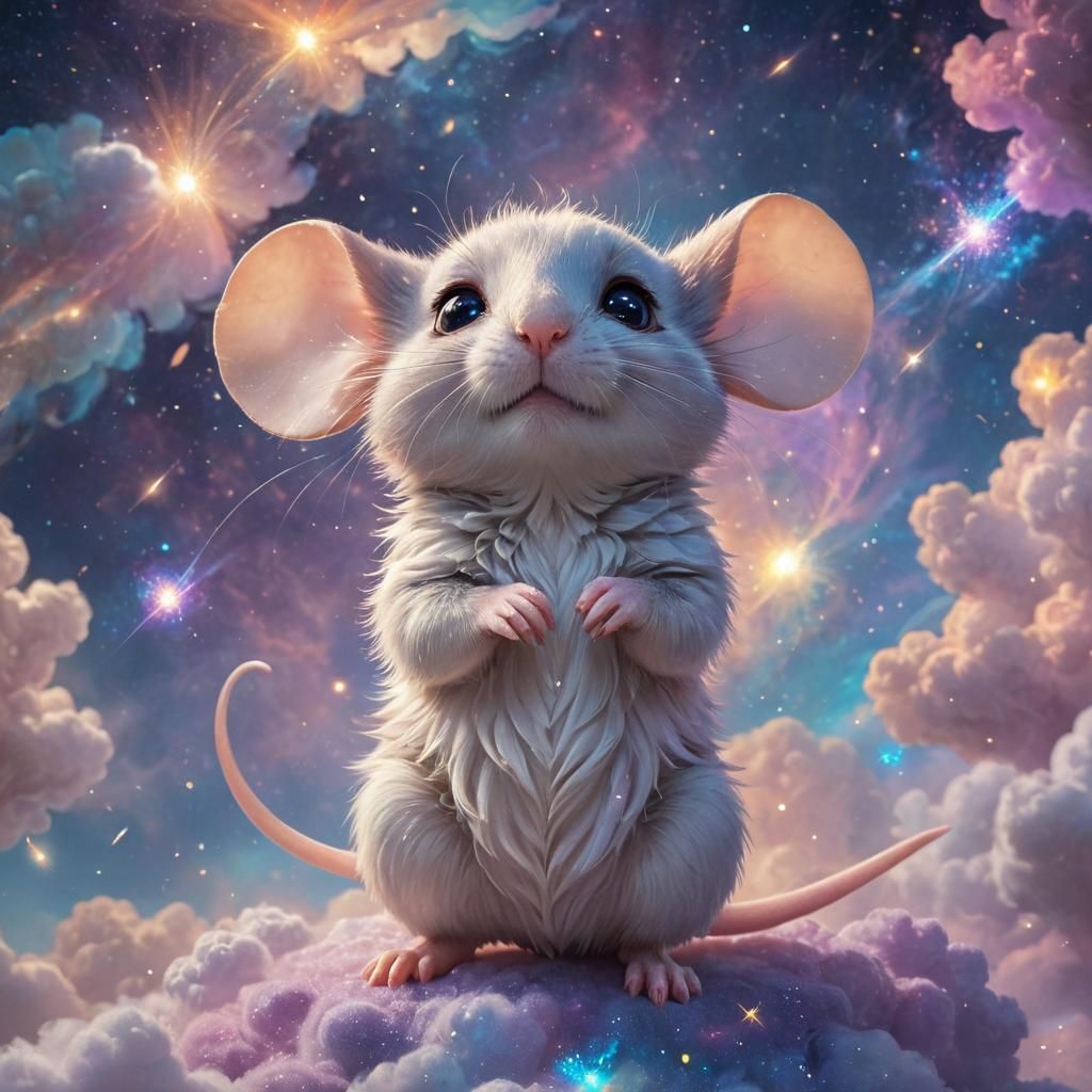 Chibi Mouse on Cosmic Cloud: Fantasy Concept Art