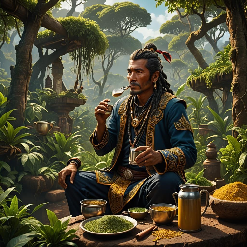 Guaraní Man Drinking Yerba Mate in Detailed Painting