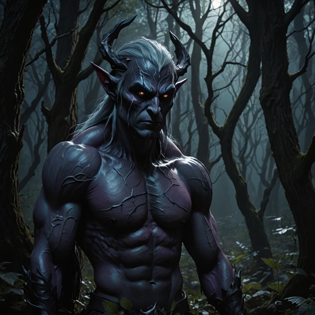 Ethereal Horror: Shadowy Elf Creature in Dark Forest