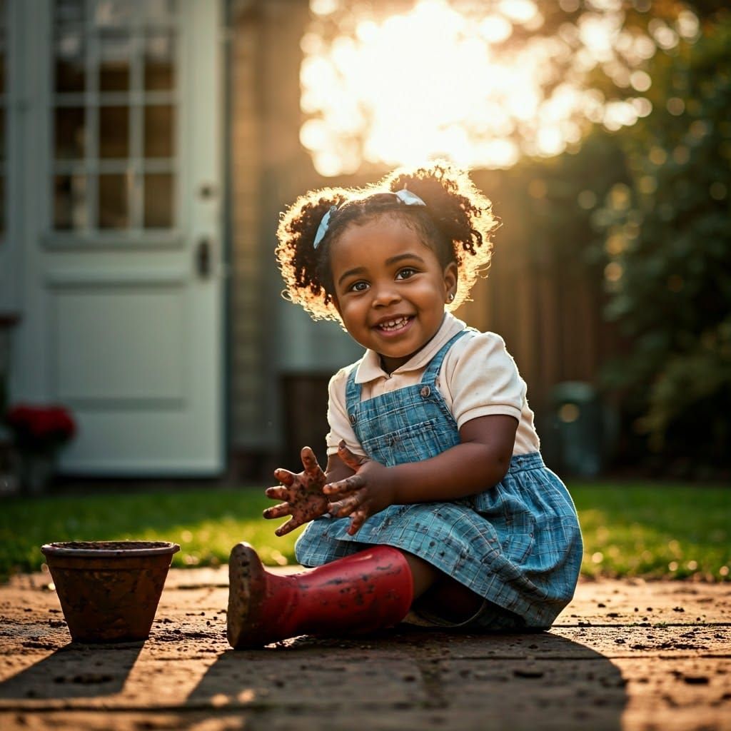Happy Girl Making Mud Pies, 1960s Style