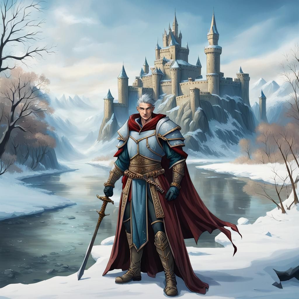 Fantasy Mage Warrior in Winter River Landscape